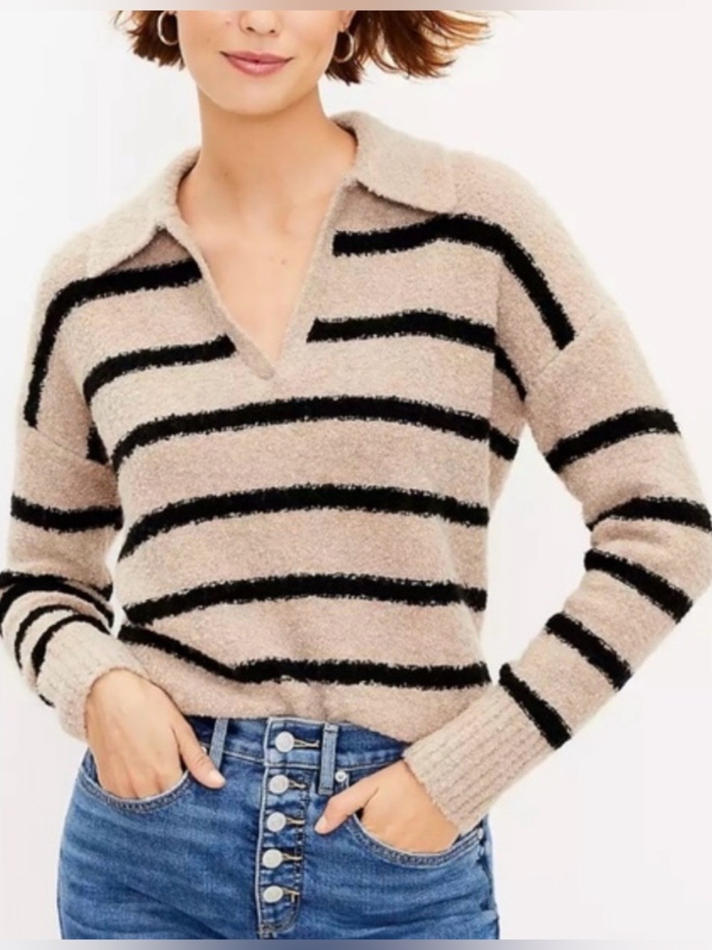 LOFT Tan and Black Striped Bouclรฉ Collared Polo Sweater